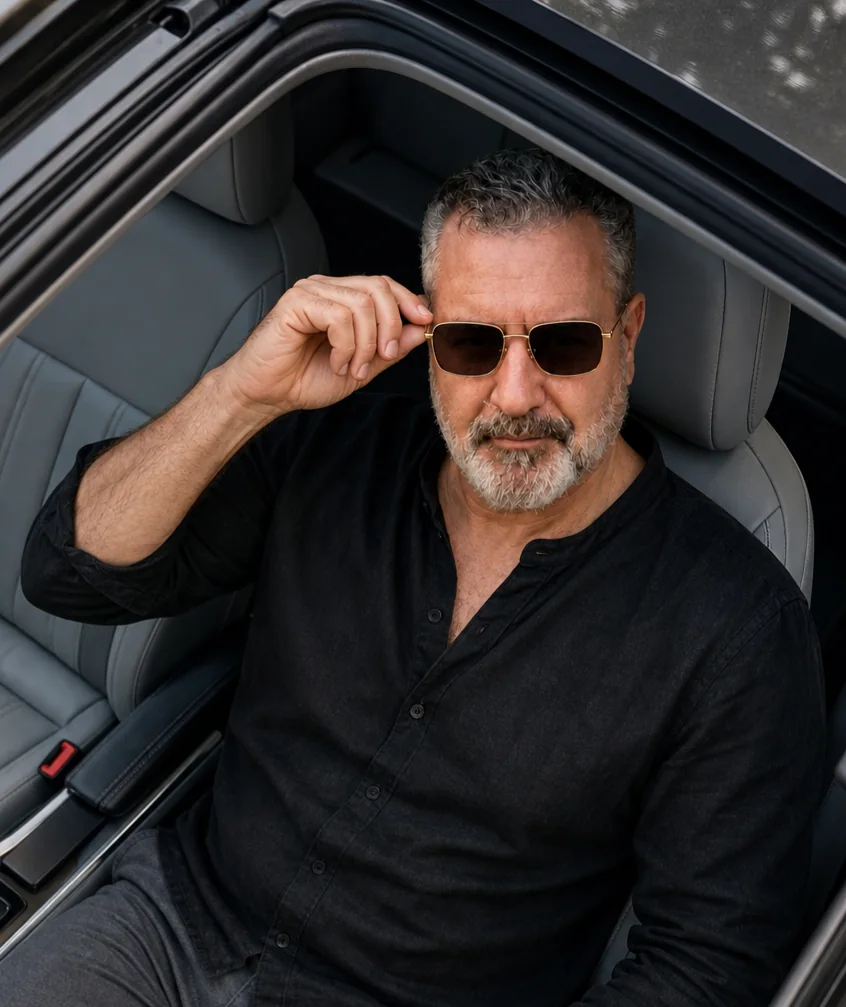 Jorge Dias sentado no interior de um carro usando óculos escuros