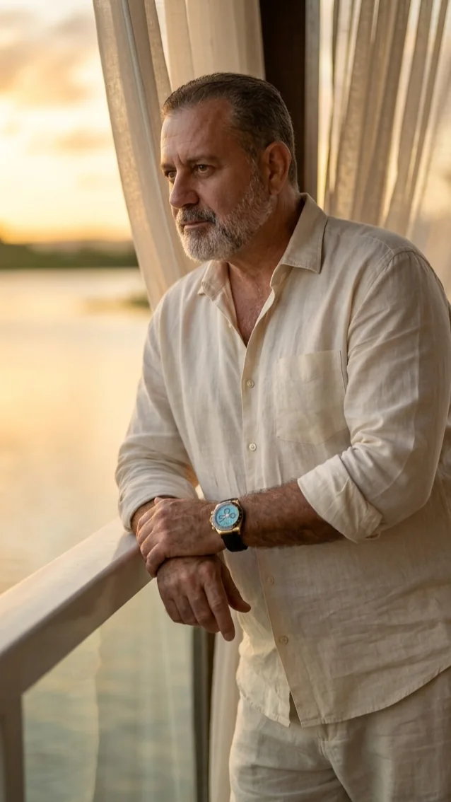 Jorge Dias junto à janela, usando camisa branca e olhando para a paisagem ao entardecer