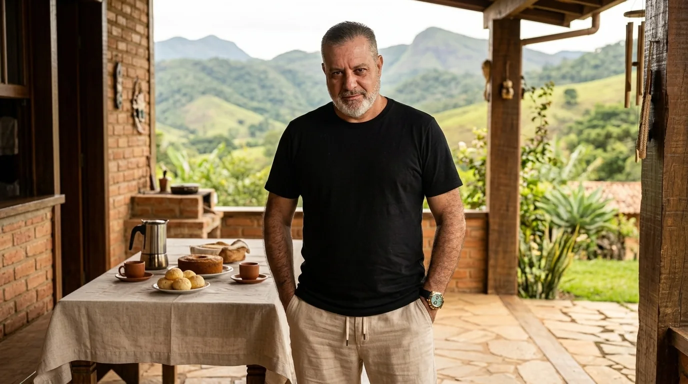 Jorge Dias em uma varanda com montanhas ao fundo