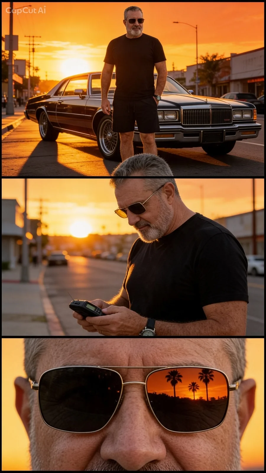 Painel com três retratos de Jorge Dias em uma rua ao pôr do sol