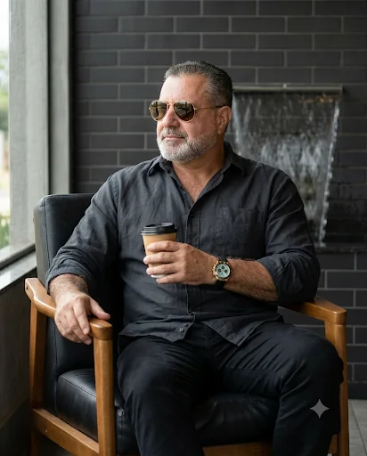 Jorge Dias sentado em uma poltrona com uma xícara de café